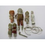 MINIATURE DOLLS, collection of 6 antique miniature dolls; also miniature clay pipe stamped "