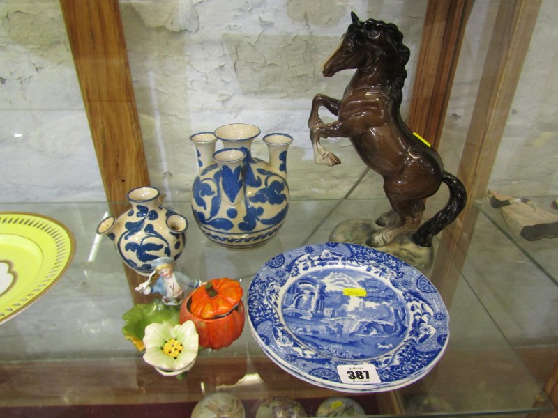 BESWICK HORSE, Welsh Cob, first version with brown colour way; also 2 Devon pottery flower - Image 2 of 2