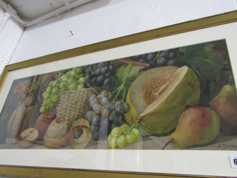 A.DUDLEY, signed watercolour "Still Life of Fruit and Basket", 24cm x 76cm - Image 3 of 8