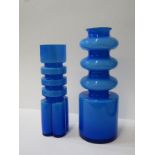 RETRO GLASS, 2 sculptural blue glass vases, 29cm and 25cm