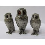 NOVELTY SILVER OWL SET, novelty HM 3 piece silver condiment set of 2 pepperettes and mustard with