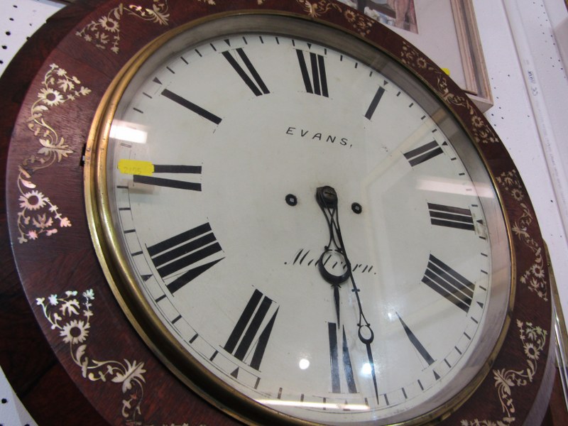19th CENTURY ROSEWOOD DROP DIAL MOTHER OF PEARL INLAID WALL CLOCK, signed Evans of Malvern, 52cm - Image 4 of 8
