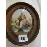 PORCELAIN PLAQUE, oak framed oval 19th Century plaque "THe Holy Family", 12cm height