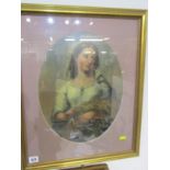 19th CENTURY ENGLISH SCHOOL, oval oil "Portrait of Young Lady Harvesting Wheat", 38cm x 29cm