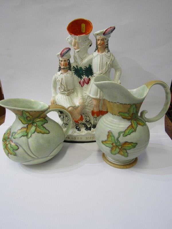 ART DECO, 2 Crown Devon green glazed jugs, pattern nos M325; also Staffordshire pottery figure group