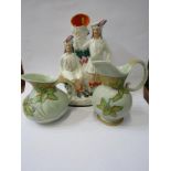 ART DECO, 2 Crown Devon green glazed jugs, pattern nos M325; also Staffordshire pottery figure group