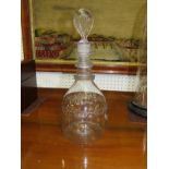 GEORGIAN GLASS, triple neck banded club shape decanter and stopper, engraved decoration