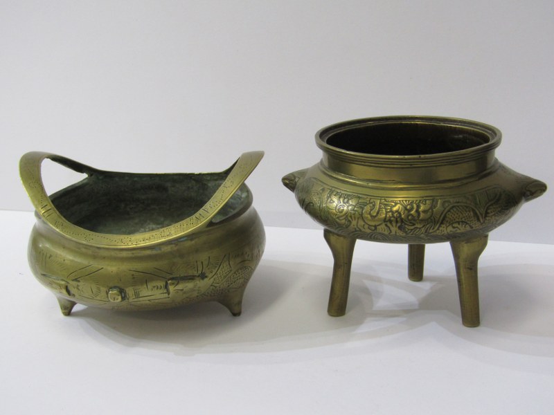 ORIENTAL METALWARE, Chinese brass temple censor, on tripod base and dragon engraved decoration, - Image 2 of 16