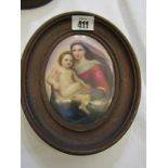 PORCELAIN PLAQUE, 19th Century oval oak framed porcelain plaque "Mary and Jesus", 12cm height