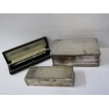 EDWARDIAN SILVER RECTANGULAR RING BOX, Birmingham 1905; also plated copper cigarette box and