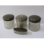 VANITY JARS, 3 silver lidded cut glass vanity jars, together with similar oval pin dish