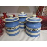 T.G. GREEN, 3 lidded Cornishware storage jars "Sugar/Coffee/Tea"