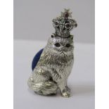 SILVER MARKED CAT WEARING A CROWN PIN CUSHION