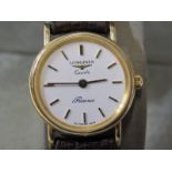 LONGINES, ladies 9ct gold cased wrist watch on leather strap