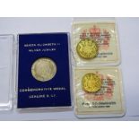 3 x 9ct GOLD COMMEMORATIVE COINS, 2.6 grams, 2.5 grams and 5.1 grams, approx 10.2 grams total