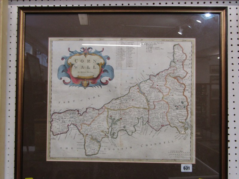 ANTIQUE MAP, Robert Morden hand coloured early 18th Century "Map of Cornwall", 36cm x 42cm