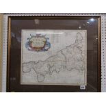 ANTIQUE MAP, Robert Morden hand coloured early 18th Century "Map of Cornwall", 36cm x 42cm