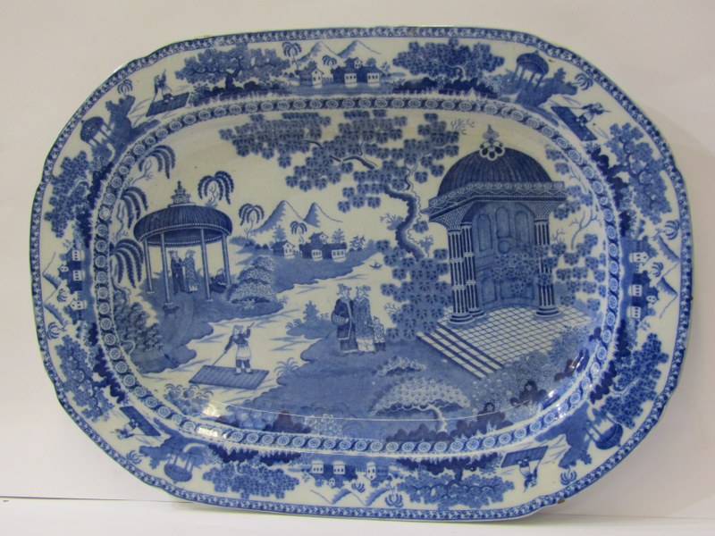 BLUE TRANSFERWARE, late 18th century pottery "Chinese Gazebo" pattern, 47cm meat plate