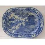 BLUE TRANSFERWARE, late 18th century pottery "Chinese Gazebo" pattern, 47cm meat plate