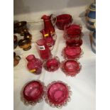 CRANBERRY, collection of antique cranberry glassware to include 4 tablesalts, 4 graduated jugs and