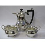 SILVER 3 PIECE COFFEE SERVICE, of Georgian style with ebonised handle and finial, Birmingham 1929,