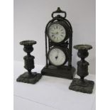 CLOCK GARNITURE, bronzed cased table top dual dial clock barometer with ornate relief decoration,