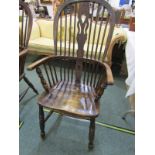 19th CENTURY WINDSOR ARMCHAIR with carved splat, on H stretcher base