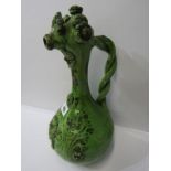 CANAKKALE, 19th Century Turkish green glazed ewer with applied floral decoration and paintwork, 36cm