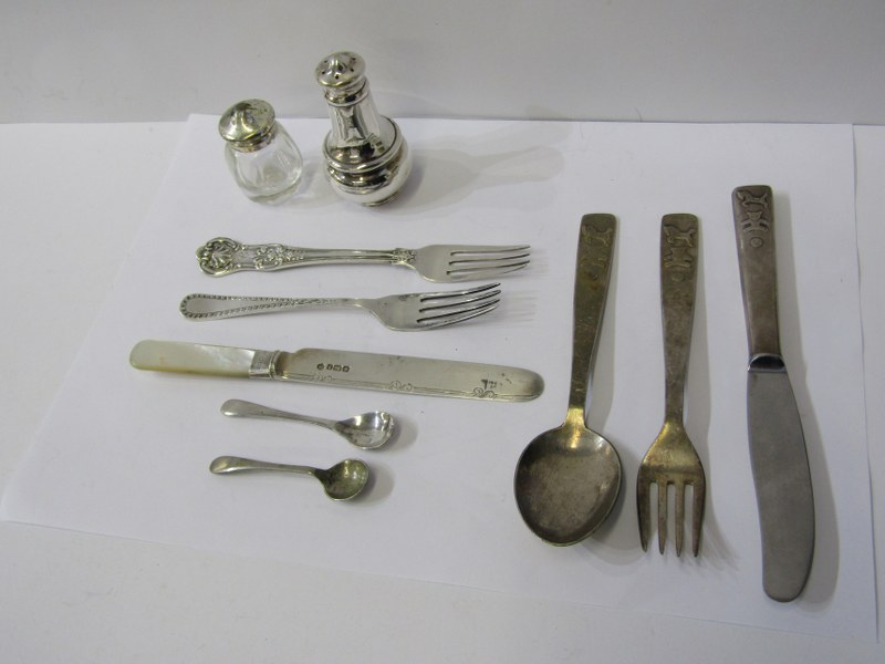 SCANDINAVIAN 3 PIECE CHRISTENING SET, also silver Kings pattern dessert fork, silver bladed mother-
