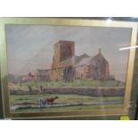 GEORGE S PERRIMAN, signed watercolour dated 1939, "Cattle Grazing by Rural Church", 18cm x 25cm