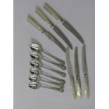 SET OF 6 MOTHER-OF-PEARL HANDLED HM SILVER BLADED TEA KNIVES, Sheffield 1938, also set of 6 silver