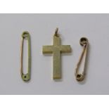 15ct GOLD CROSS PENDANT, approx. 4.5 grams and 2 x 9ct gold pins