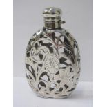 STERLING SILVER CASED GLASS HIP FLASK, with ornate scroll and floral design, 10cm height