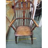 WINDSOR ARMCHAIR, 19th Century elm Windsor armchair with carved splat to rear on H stretcher base,