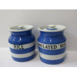 T. G. GREEN, 2 Cornishware lidded storage jars "Granulated Sugar" and "Rice", 12cm height