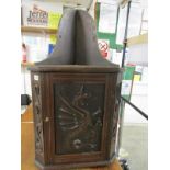 19th CENTURY MAHOGANY CORNER WALL CABINET, blind panel door decorated a dragon, 90cm height 52cm