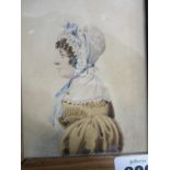 EARLY VICTORIAN PORTRAIT, miniature watercolour portrait "Lady with lace cap with blue ribbons"
