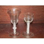ANTIQUE GLASSWARE, 2 opaque twist stem glasses, one bell bowl the other a round bowl,13cm & 15cm