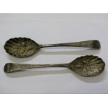 PAIR OF MID 18TH CENTURY SILVER SPOONS, later fruit embossed bowls and engraved handles