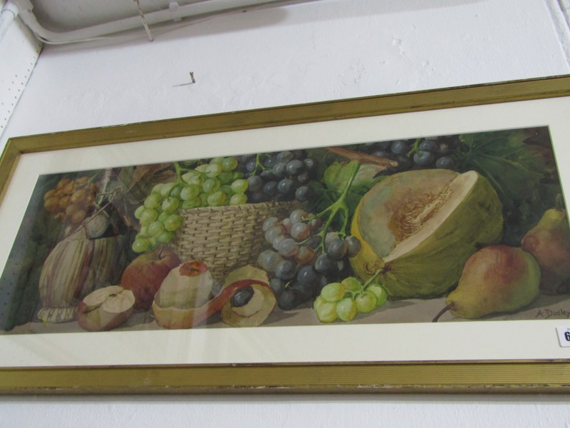 A.DUDLEY, signed watercolour "Still Life of Fruit and Basket", 24cm x 76cm