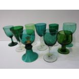 ANTIQUE GLASSWARE, collection of 9 various emerald wine glasses including, roemer type with gilded