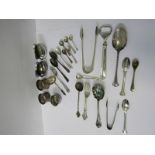 SILVER TABLEWARE, pair of oval silver salts, 2 serviette rings, sugar dredger spoon and cutlery, 179