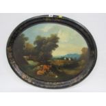 ANTIQUE PAPIER MACHE, early 19th Century oval papier mache tray painted with figures in landscape,
