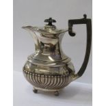 GEORGIAN DESIGN SILVER COFFEE POT, fluted rectangular base with spherical feet, ebonised handle