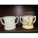 STAFFORDSHIRE POTTERY, 2 twin handled frog tankards, 1 with polychrome decoration "Willie Brewd a