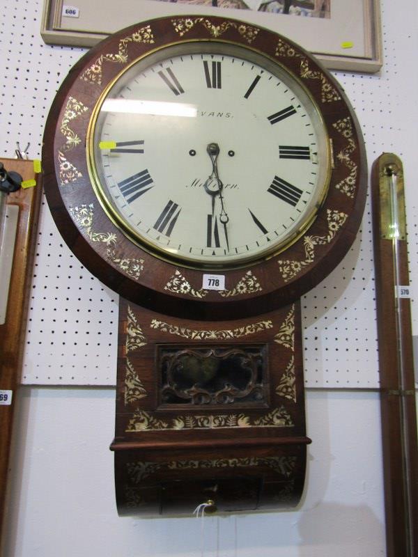 19th CENTURY ROSEWOOD DROP DIAL MOTHER OF PEARL INLAID WALL CLOCK, signed Evans of Malvern, 52cm
