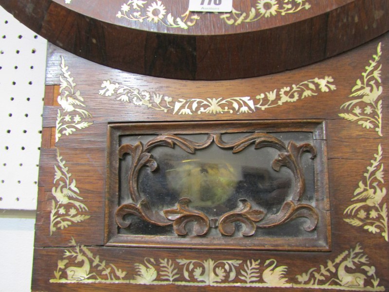 19th CENTURY ROSEWOOD DROP DIAL MOTHER OF PEARL INLAID WALL CLOCK, signed Evans of Malvern, 52cm - Image 6 of 8