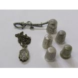 SELECTION OF SILVER & WHITE METAL THIMBLES, LOCKET, CHAIN, BROOCH, ETC