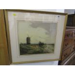 TATTON WINTER, signed watercolour dated 1910, "Windmill and Sheep on open Moorland", 35cm x 39cm