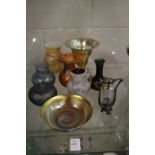 Art Nouveau and later iridescent glassware to include a trumpet shaped vase, a circular dish, an